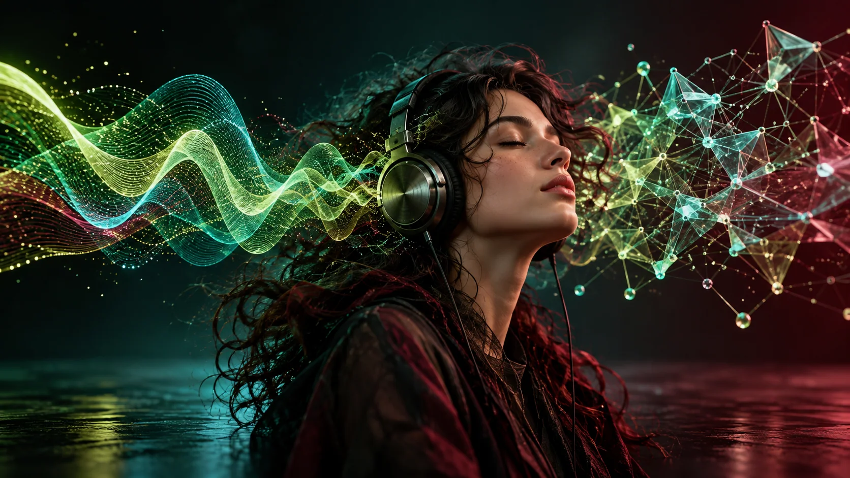 Editorial artwork: abstract audio waveform with translucent geometric connections