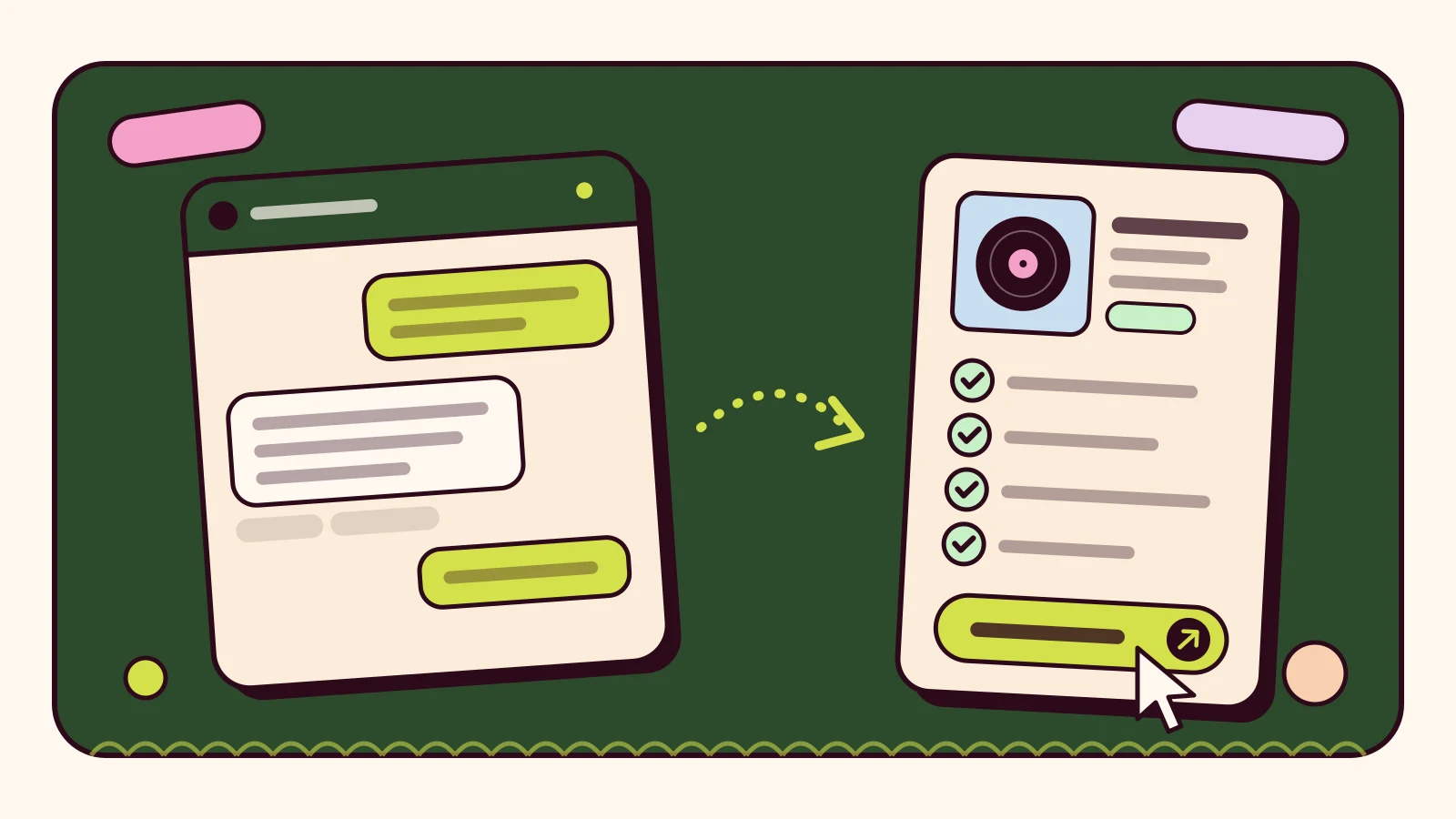 Illustration: a chat window with message bubbles beside a release draft card with completed checks and a cursor on its Distribute button