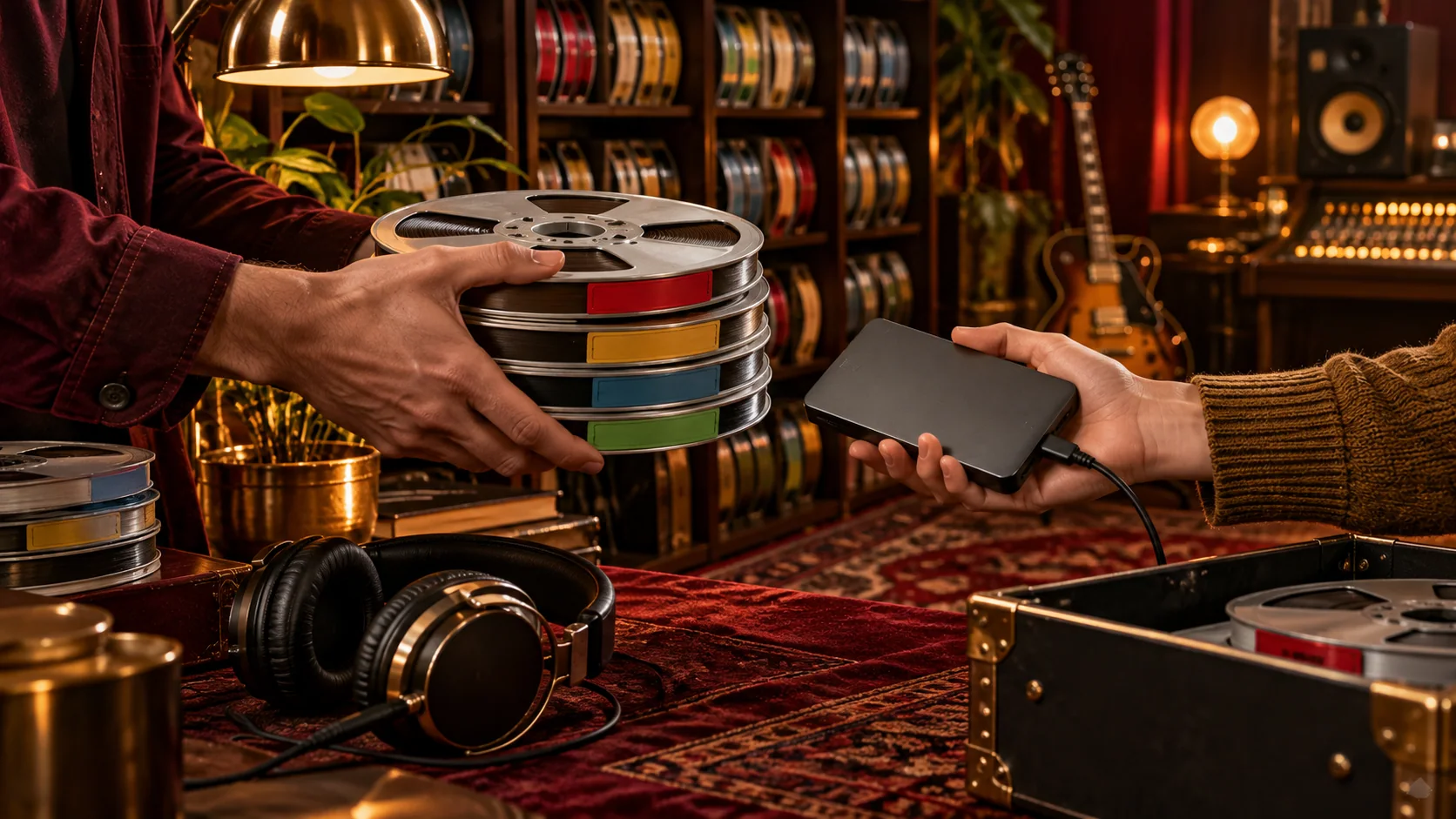 Editorial artwork: master tape reels and a hard drive arranged in a music archive