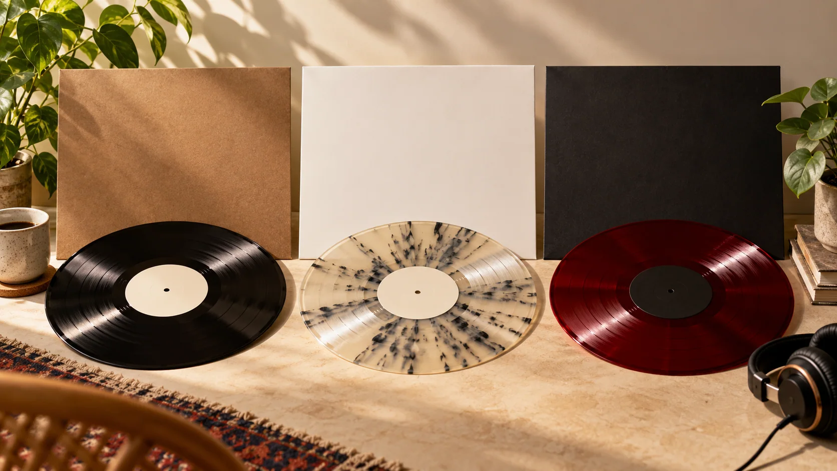 Editorial artwork: three vinyl records and plain sleeves arranged for comparison