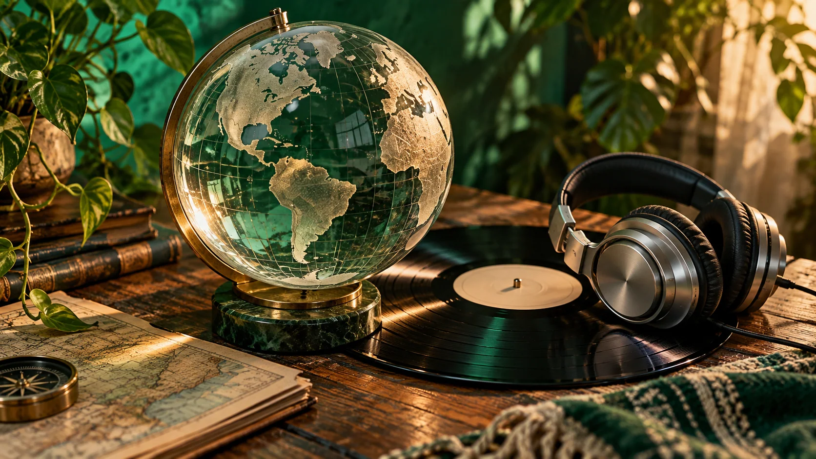 Editorial artwork: glass globe beside a vinyl record and headphones