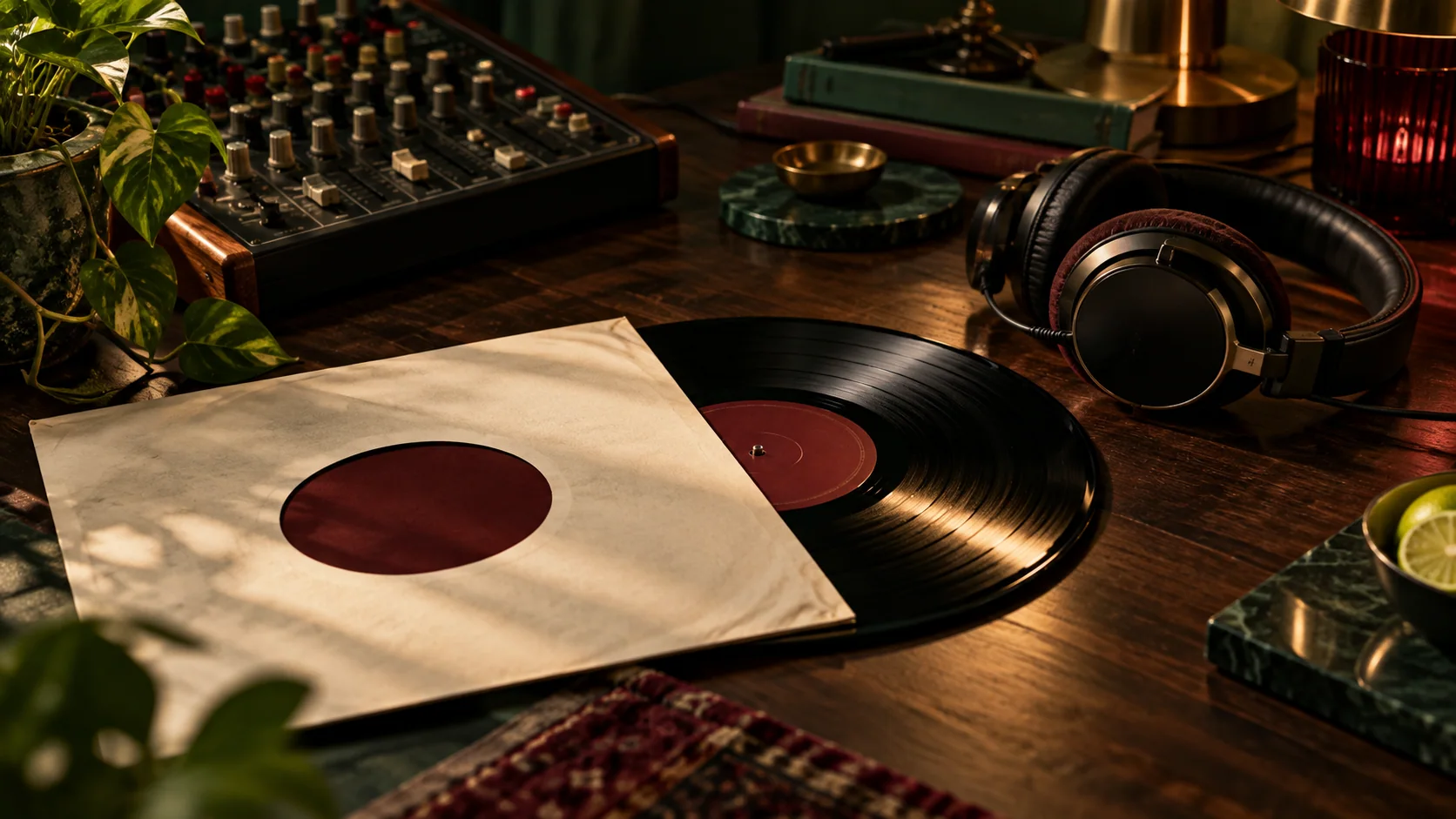 Editorial artwork: vinyl record, headphones and a mixer on a recording-studio desk