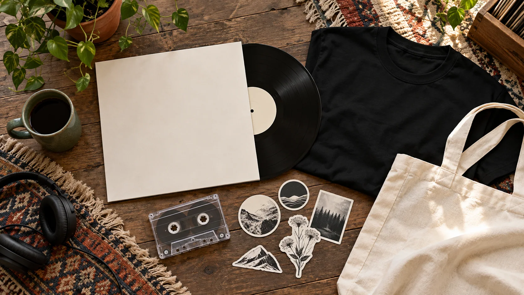 Editorial artwork: record, cassette and plain merchandise on a creative desk