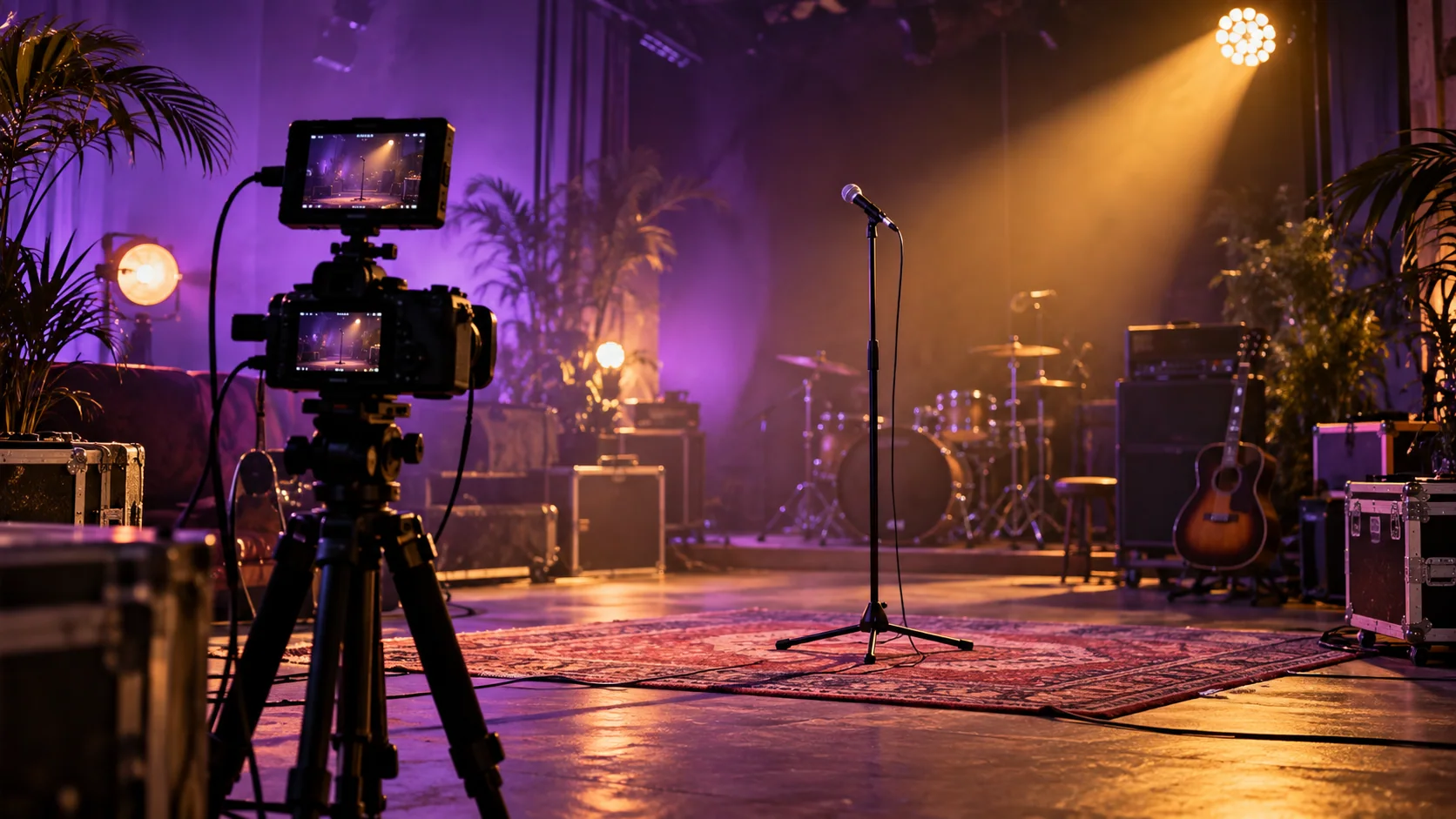 Editorial artwork: video camera and microphone in a performance shoot setup