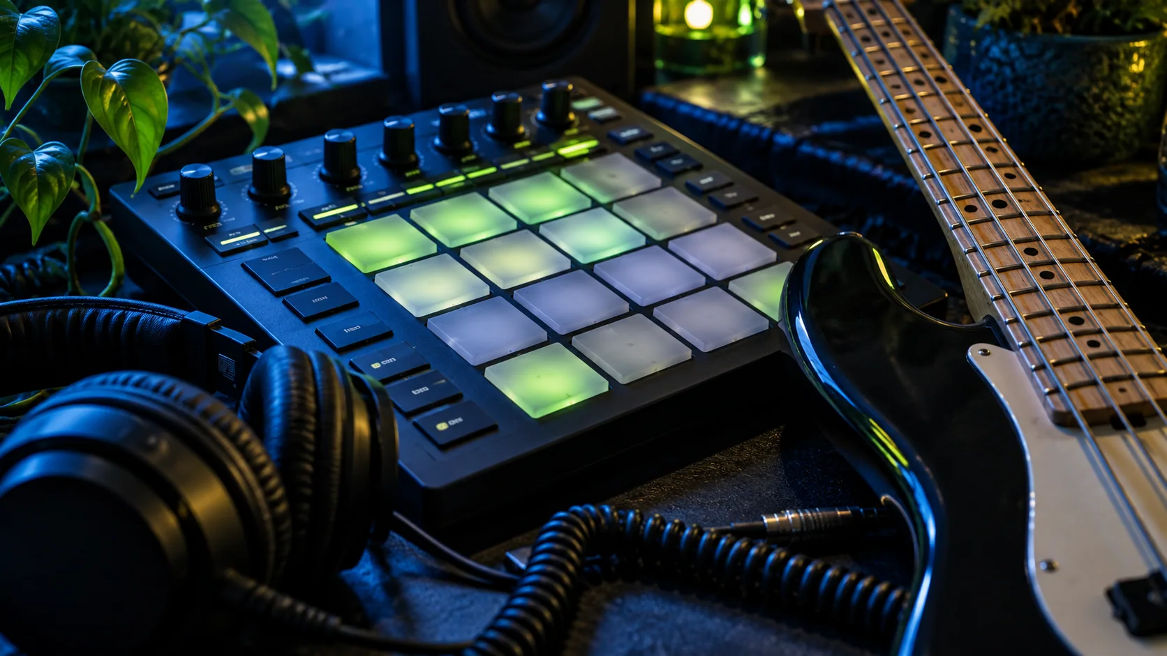 Editorial artwork: drum machine and bass guitar in a production workspace