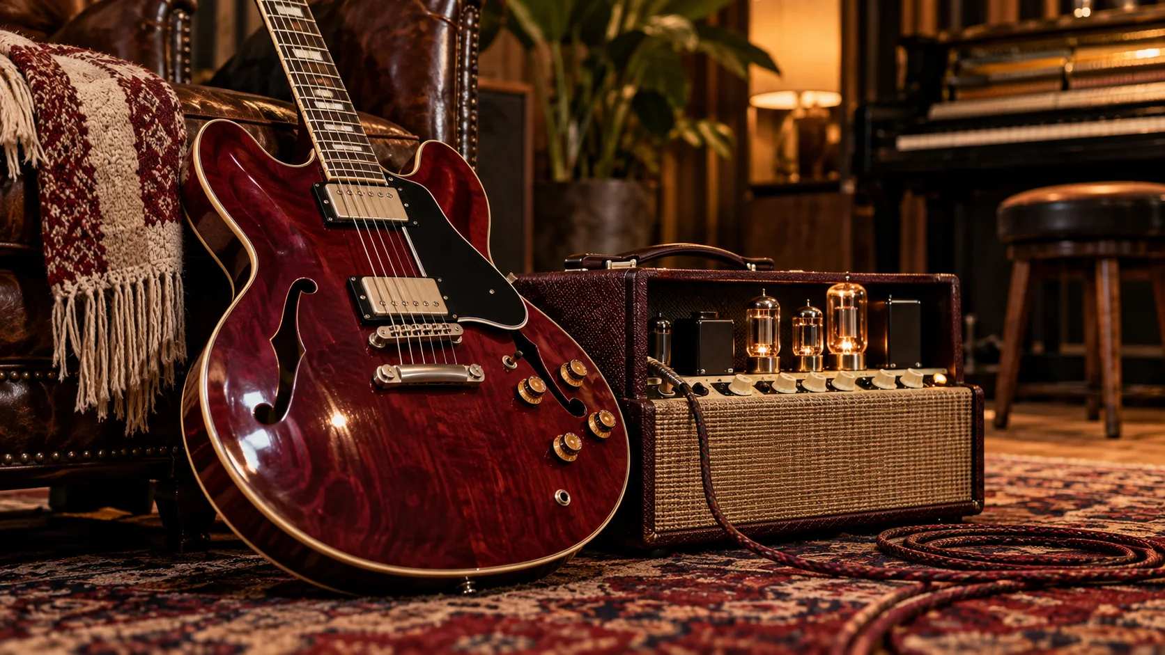 Editorial artwork: electric guitar and amplifier in a recording room