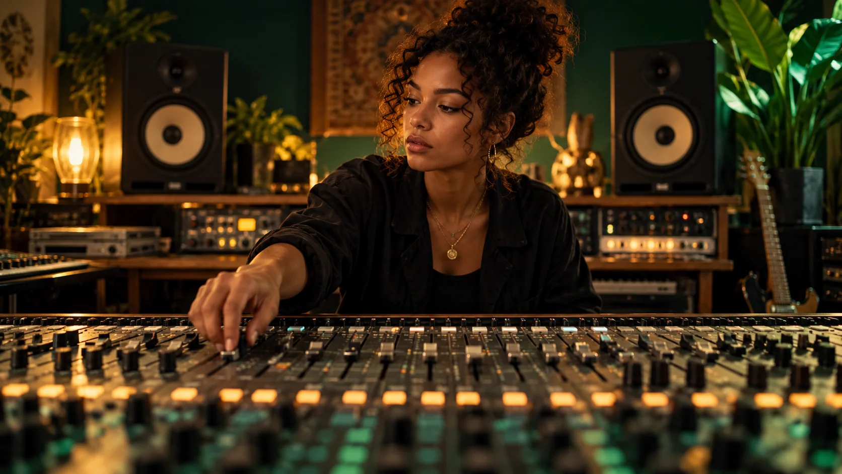 Editorial artwork: mixing console and studio monitor speakers