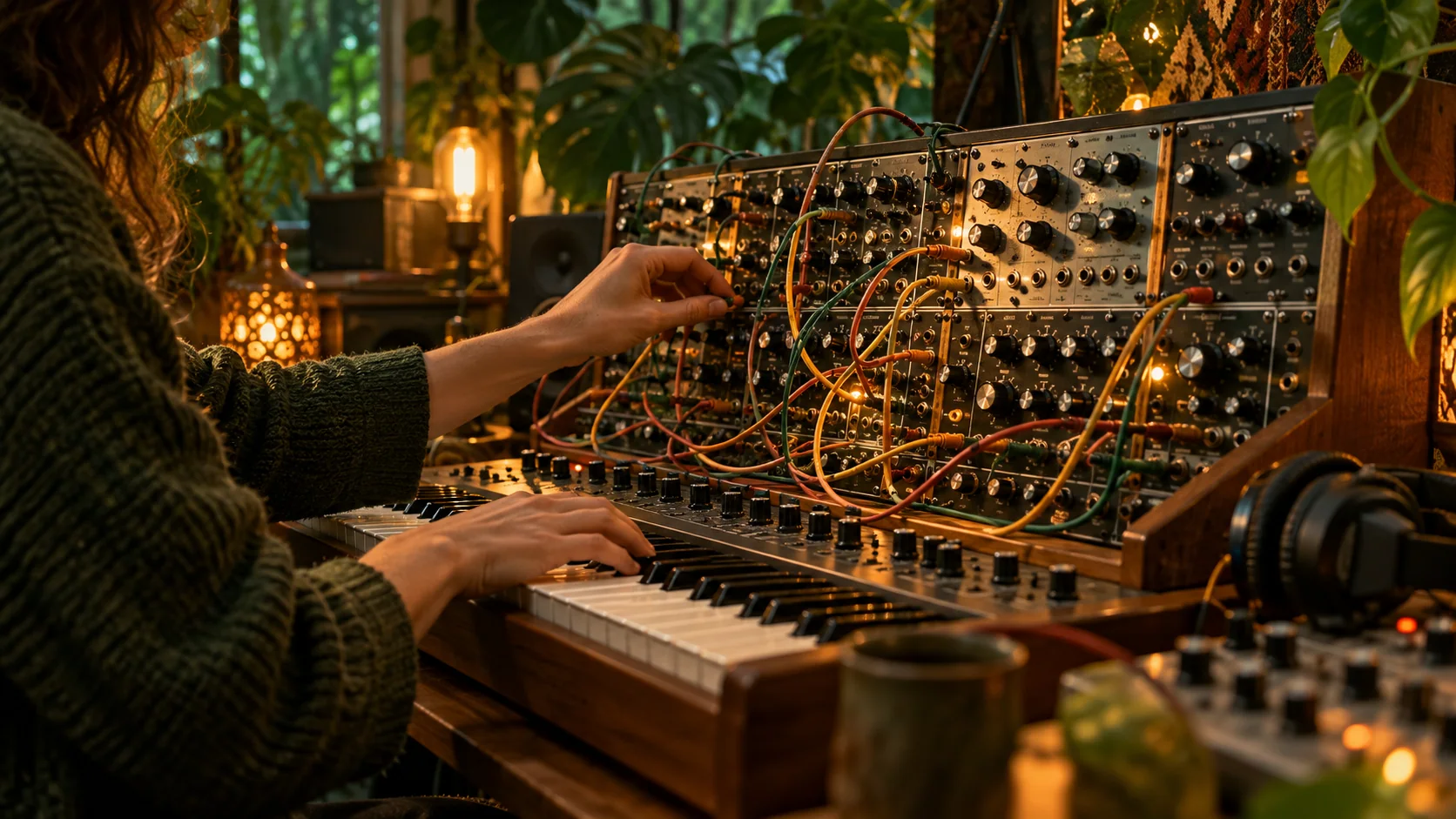 Editorial artwork: analog synthesizer, patch cables and keyboard