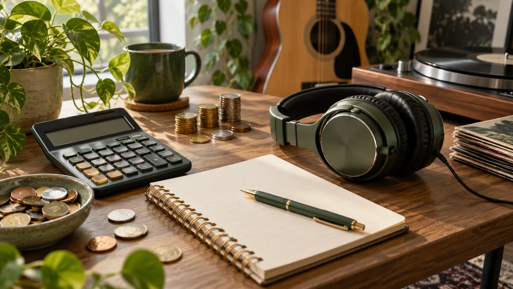 Editorial artwork: calculator, notebook and headphones on a royalty-accounting desk